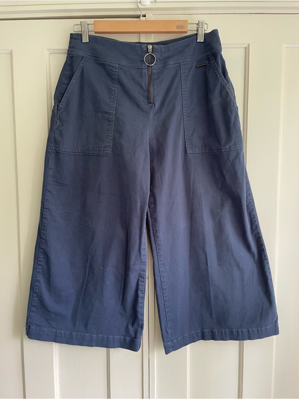 Sweaty Betty Cotton Pants High Rise Navy Wide-Leg Cropped with Ring Zip Medium